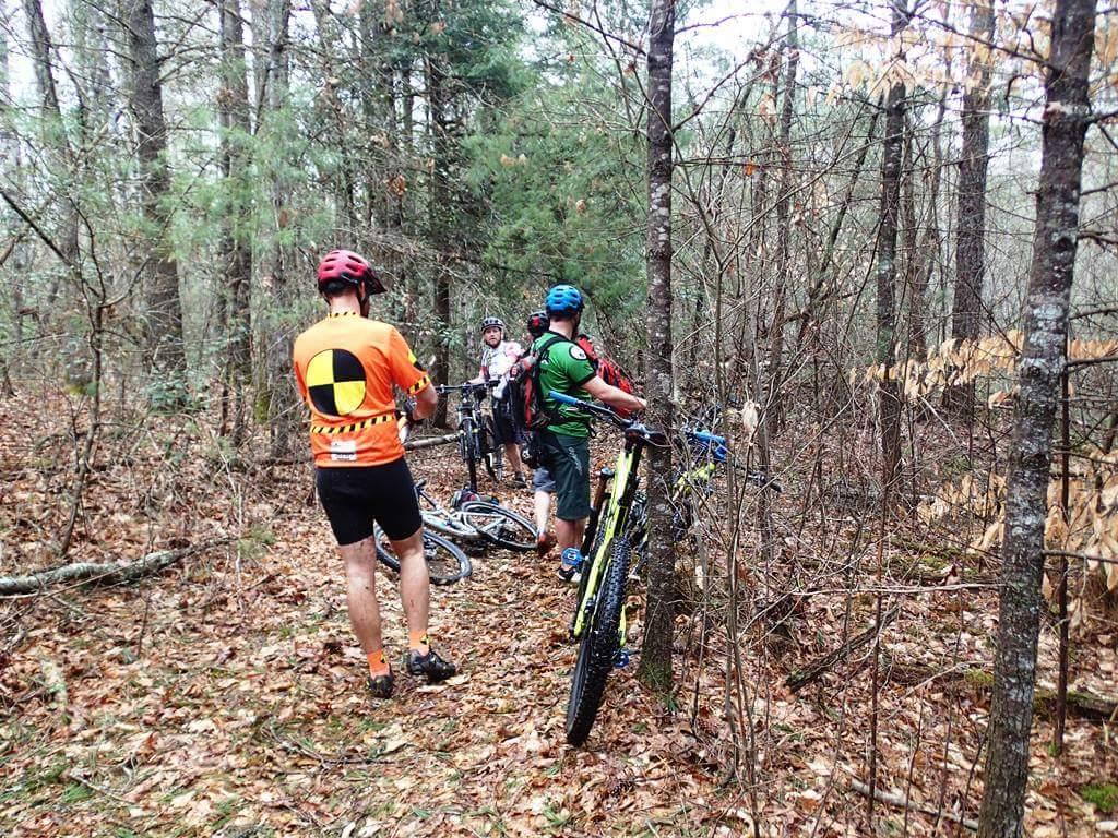 Four cyclists pause on a wooded trail, surrounded by trees and fallen leaves. They are dressed in cycling gear, with helmets on, and their bicycles are parked nearby. One cyclist wears a bright orange shirt featuring a circular logo. The atmosphere appears casual and tranquil, typical of a mountain biking adventure in nature. Big South Fork mountain bike trail.