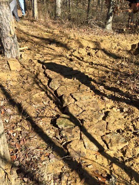 An uneven dirt path in a wooded area, showing exposed rocks and soil. Trees are visible on either side, and the ground has a few shadows cast by the trees. The scene captures a natural terrain that appears disturbed, suggesting recent activity or erosion. O'bannon Woods mountain bike trail.