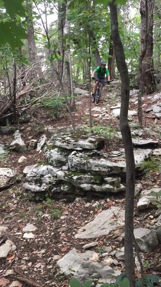 A mountain biker maneuvers through a rocky trail in a wooded area, surrounded by trees and greenery. The cyclist, wearing a green shirt and helmet, is navigating over a large, moss-covered rock formation. O'bannon Woods mountain bike trail.