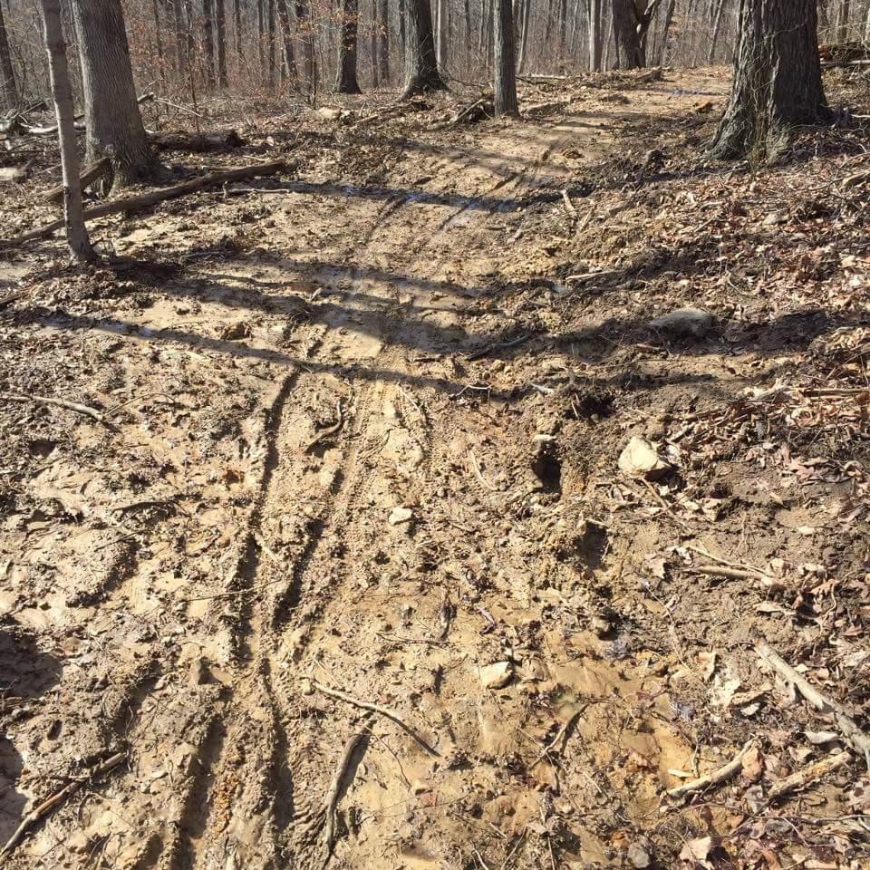 A muddy trail winding through a wooded area, with visible tire tracks and scattered leaves on the ground. Tall trees with bare branches surround the path, indicating early spring or late winter conditions. O'bannon Woods mountain bike trail.