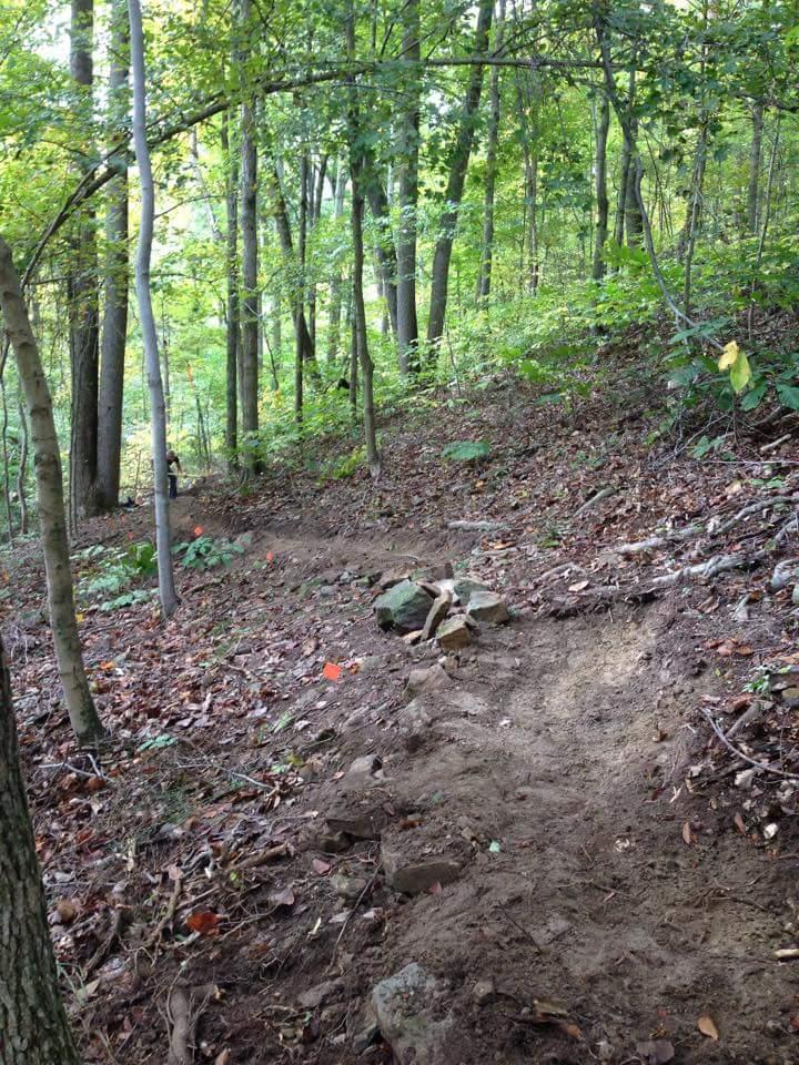 A dirt path winds through a wooded area, flanked by various trees and foliage. Small orange flags are visible along the edge of the trail, and scattered rocks and leaves cover the ground, indicating recent ground work or trail maintenance. O'bannon Woods mountain bike trail.
