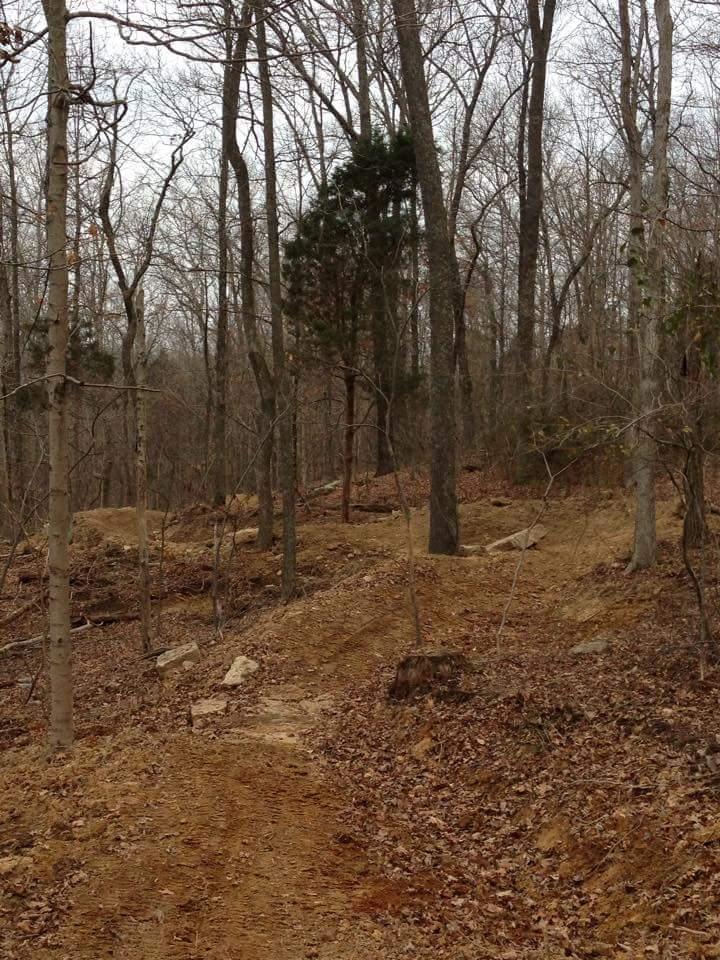 A dirt trail winds through a wooded area with bare trees and scattered rocks, suggesting a natural outdoor setting in late autumn or winter. The ground is covered in leaves, and the atmosphere is calm and serene. O'bannon Woods mountain bike trail.