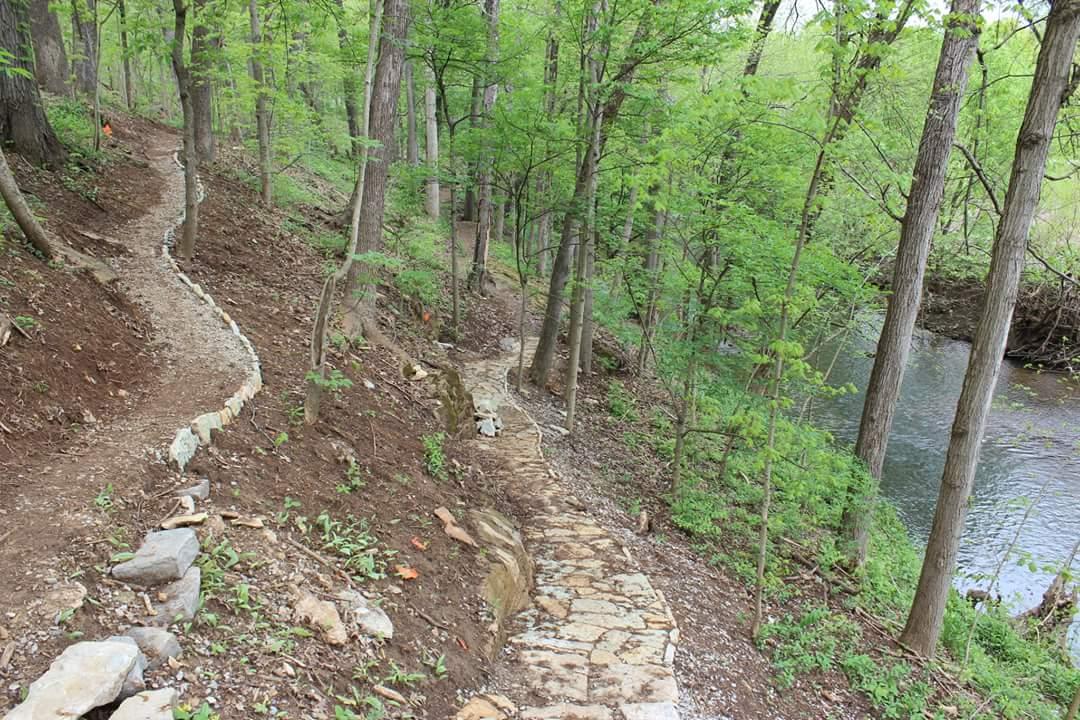 A winding stone pathway surrounded by lush greenery in a forest, leading down to a riverbank. The trail features earthy tones and varies in texture, with a mix of dirt and stones visible along the edges. Tall trees with fresh green leaves create a serene and natural atmosphere. Cherokee Park mountain bike trail.