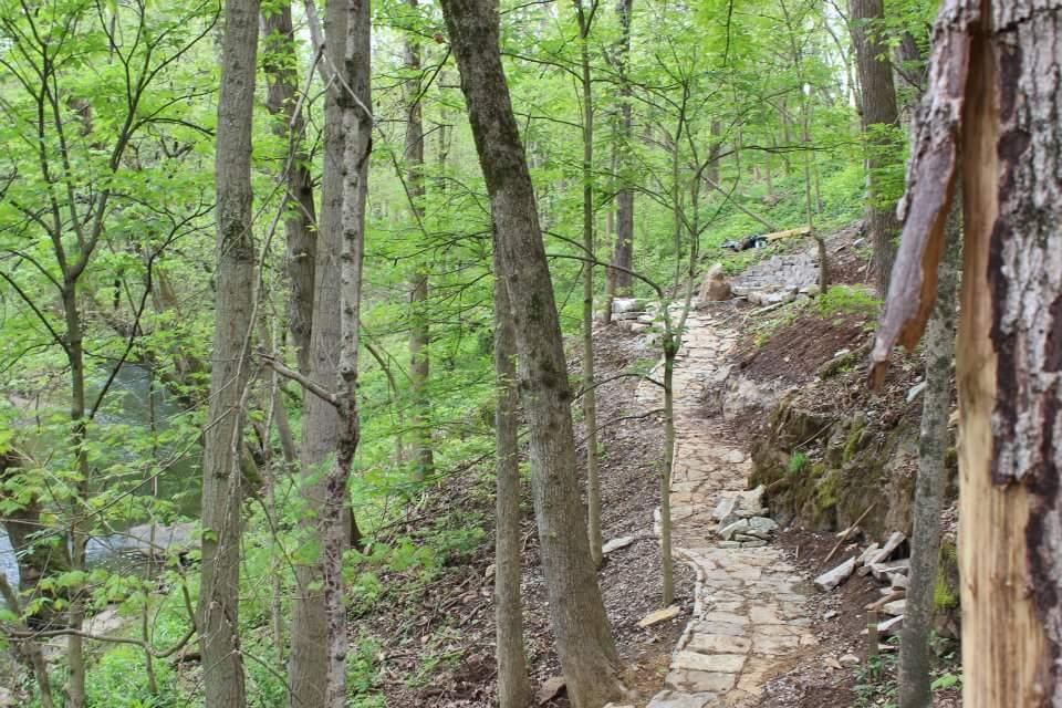A winding stone path surrounded by lush green trees, leading through a serene forest setting. A small creek can be seen in the background, enhancing the tranquil ambiance of the natural environment. Cherokee Park mountain bike trail.