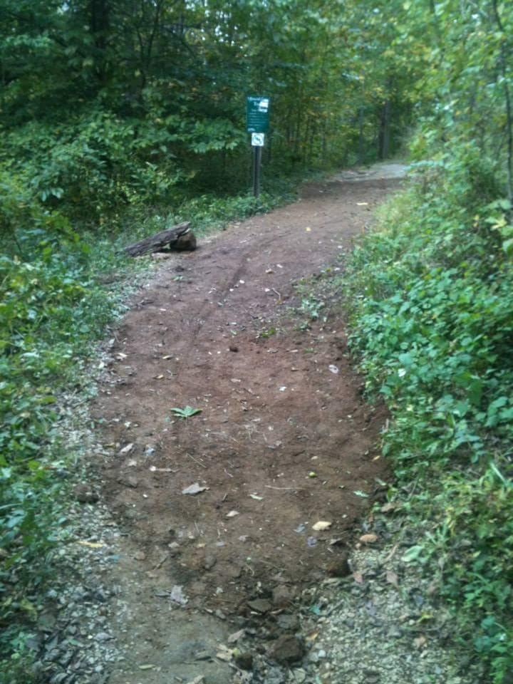 A winding dirt trail through a lush green forest, flanked by trees and vegetation. A signpost is visible on the right side, indicating trail information. A small log is positioned near the edge of the path, suggesting natural elements in the environment. The scene captures a serene, outdoor setting inviting for hiking or walking. Cherokee Park mountain bike trail.