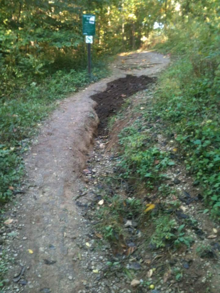 A narrow dirt path winding through a wooded area, showing signs of erosion with a noticeable trench along one side. A signpost is visible on the left, and the surrounding landscape features green foliage and scattered leaves on the ground. Cherokee Park mountain bike trail.