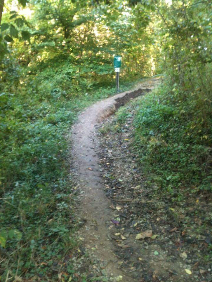 A narrow dirt path winding through a lush green forest, with trees and foliage on either side. A trail marker is visible in the background, indicating the route ahead. The path appears slightly muddy and is lined with fallen leaves. Cherokee Park mountain bike trail.