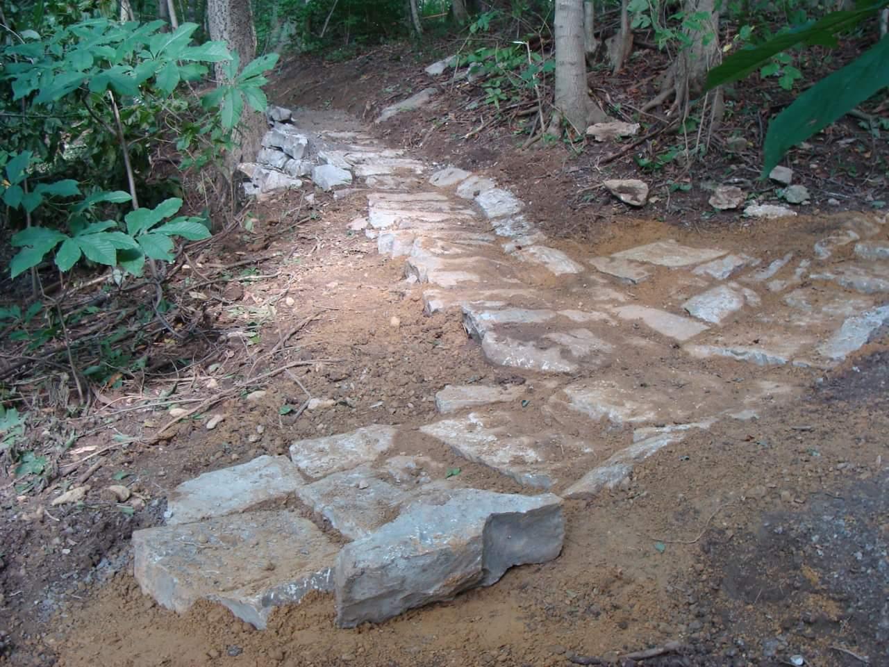 A winding stone pathway constructed in a forested area, surrounded by greenery and trees. The path is made of unevenly shaped stones set in earth, leading through a natural landscape. Cherokee Park mountain bike trail.