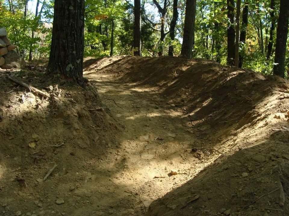 A dirt bike trail winding through a forest, bordered by trees and featuring sloped edges. Sunlight filters through the foliage, creating shadows on the path. Waverly Park mountain bike trail.