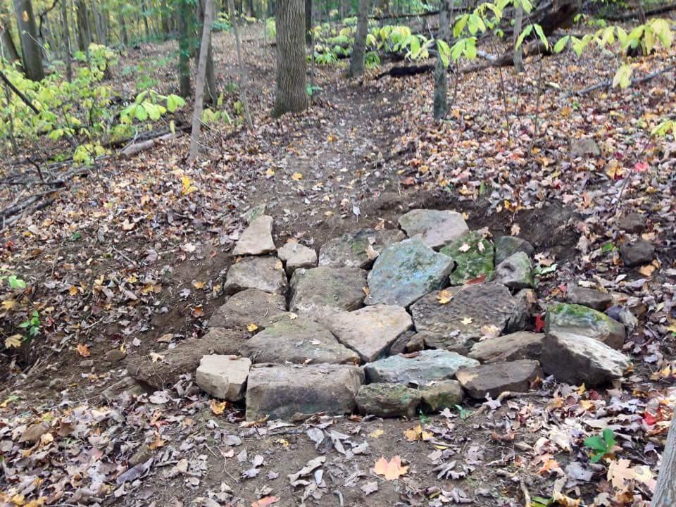 Rock formations created on a dirt trail in a wooded area, surrounded by fallen leaves and trees in various shades of green and yellow. Waverly Park mountain bike trail.