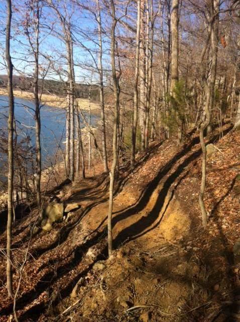 A winding dirt trail shaded by bare trees leads down toward a lake, with rocky terrain on one side and a clear blue sky above. The surrounding area features fallen leaves and sparse underbrush, indicating a late autumn scene. Brier Creek mountain bike trail.