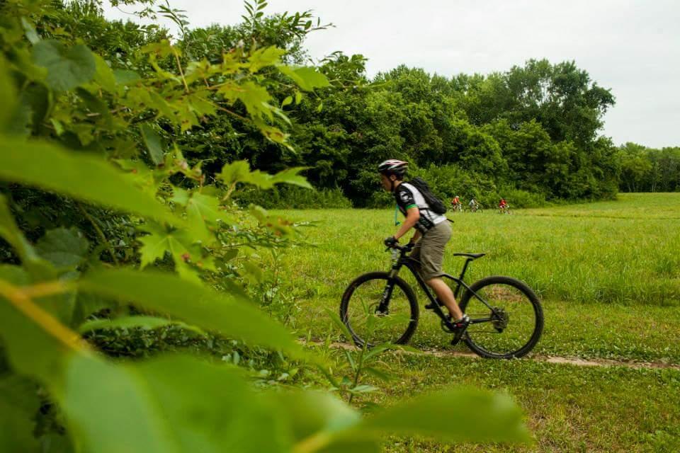 A person riding a mountain bike along a narrow path in a green field, surrounded by lush vegetation and trees in the background. The cyclist is wearing a helmet and casual clothing. Other cyclists can be seen in the distance. Low Hollow mountain bike trail.