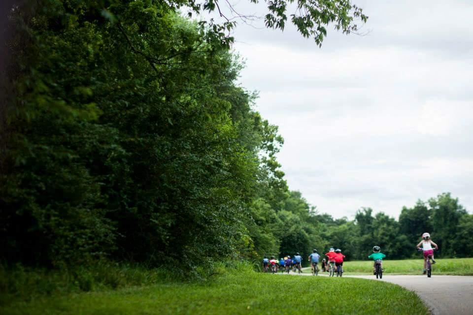 A group of cyclists riding along a winding path surrounded by lush greenery and trees, with a cloudy sky overhead. Low Hollow mountain bike trail.