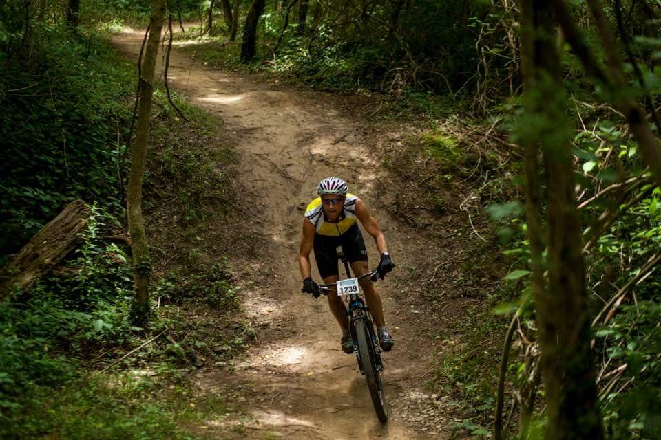 A mountain biker wearing a yellow and black jersey rides on a dirt trail surrounded by lush greenery and trees. The trail is winding, and the biker is positioned leaning forward, actively pedaling. A race number is visible on the biker's shorts. Low Hollow mountain bike trail.