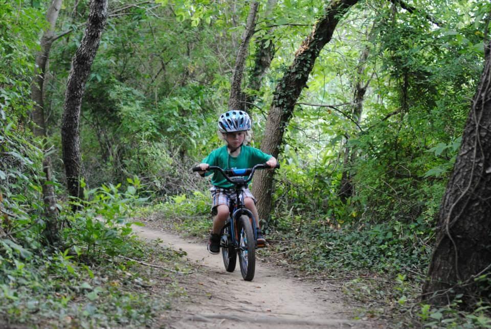 A young child wearing a helmet rides a bicycle along a dirt path surrounded by lush green trees and shrubs. The child is focused on navigating the trail, with the natural scenery creating a vibrant backdrop. Low Hollow mountain bike trail.