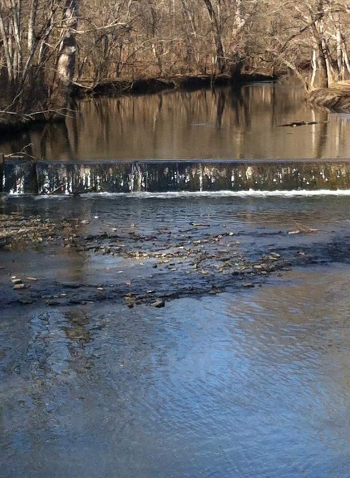 A tranquil scene of a small waterway featuring a gentle waterfall over a stone ledge. Surrounding the water are trees with bare branches, indicating a late autumn or winter setting. The surface of the water reflects the sky and trees, creating a serene, natural landscape. Veterans Park mountain bike trail.