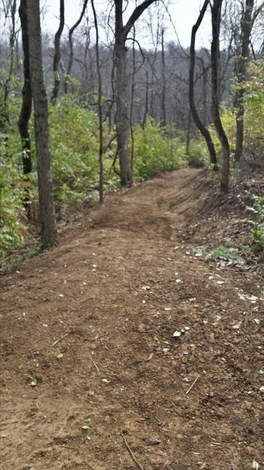 A winding dirt trail surrounded by trees and shrubs, leading through a wooded area with a mixture of bare branches and green foliage. The trail is unpaved and has recently been cleared, showcasing a smooth path that curves into the distance. Devou Park mountain bike trail.