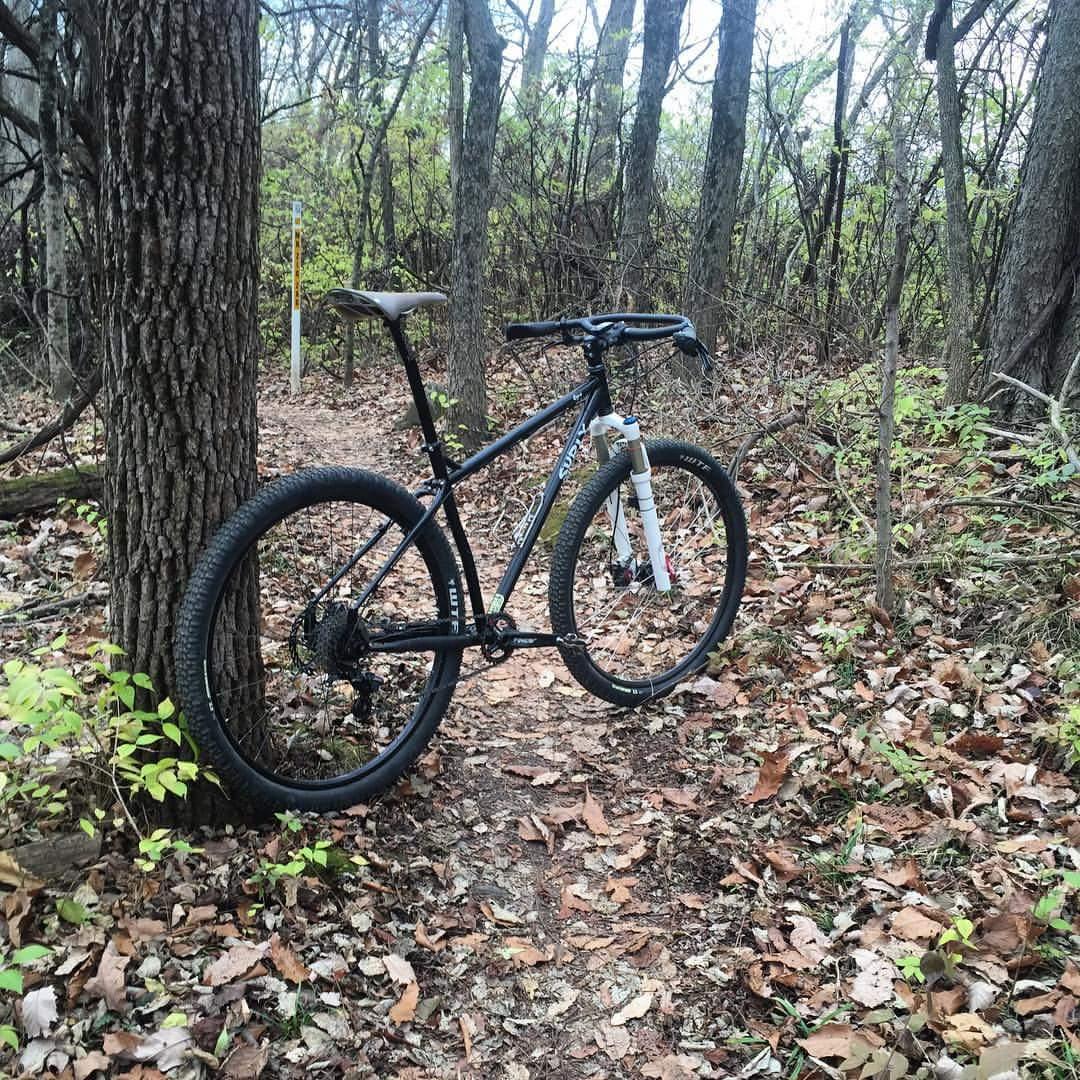A mountain bike leaning against a tree along a dirt trail surrounded by trees and autumn leaves. The path is narrow and winding, indicating a secluded outdoor area suitable for biking. MoMBA @ Huffman MetroPark mountain bike trail.
