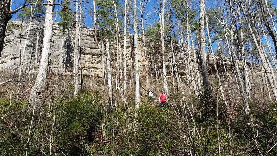 Two people standing among tall trees and underbrush, with a rocky cliff in the background under a clear blue sky. Big South Fork mountain bike trail.