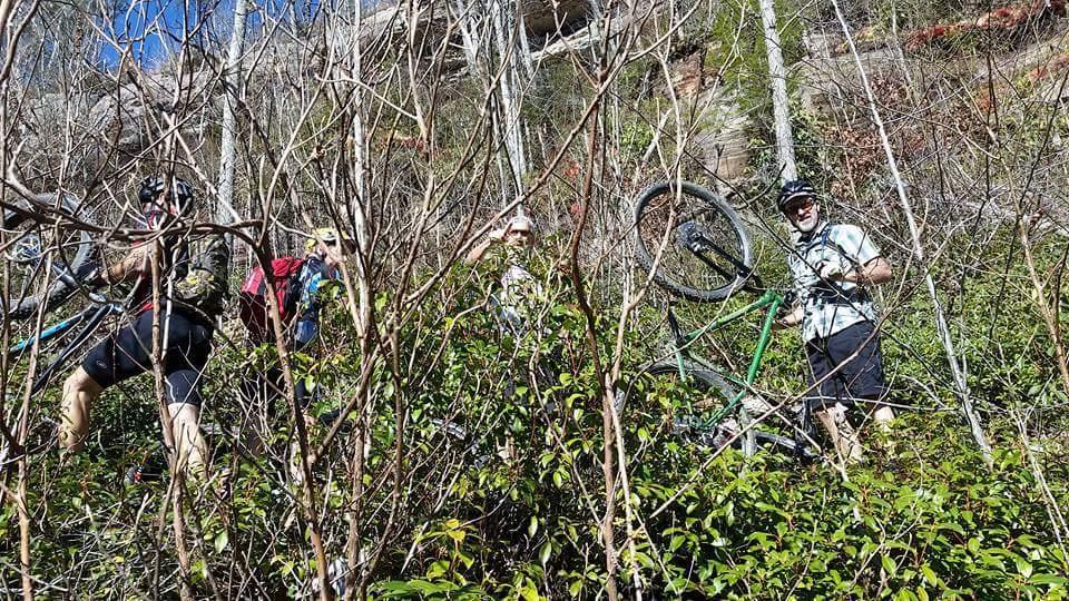 A group of mountain bikers navigating through dense underbrush on a sunny day, with one person holding a bicycle upside down while others assist. Trees and rocky terrain are visible in the background. Big South Fork mountain bike trail.