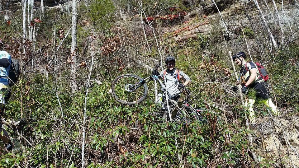 Two mountain bikers navigating a densely wooded trail, one holding a bike and the other examining the terrain. The background features bushes and trees, indicating a challenging outdoor environment. Big South Fork mountain bike trail.