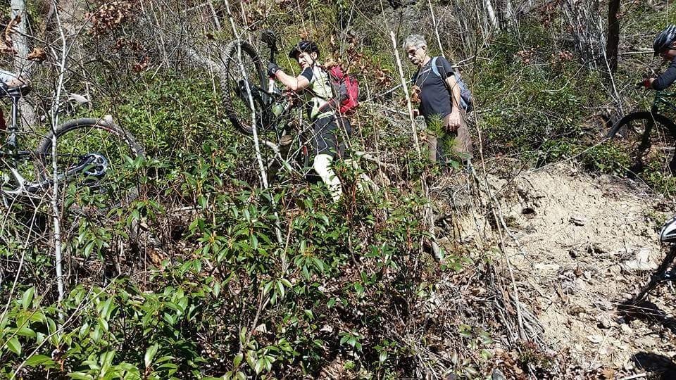 A group of mountain bikers navigating a rocky and overgrown trail. One person is lifting their bike over a rocky section, while others are walking and observing the surroundings. The scene is surrounded by dense vegetation, with trees and shrubs visible in the background. Big South Fork mountain bike trail.