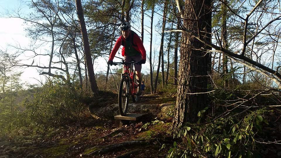 A mountain biker in a red jacket and helmet is navigating a rocky trail surrounded by trees. The biker is airborne as they jump over a narrow wooden log, showcasing skill and balance while riding on a forested path. Sunlight filters through the trees, illuminating the scene. Big South Fork mountain bike trail.
