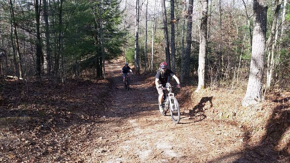 Two mountain bikers riding on a dirt path through a wooded area with trees and fallen leaves. The scene captures a sunny day, highlighting the natural surroundings and the cyclists navigating the trail. Big South Fork mountain bike trail.
