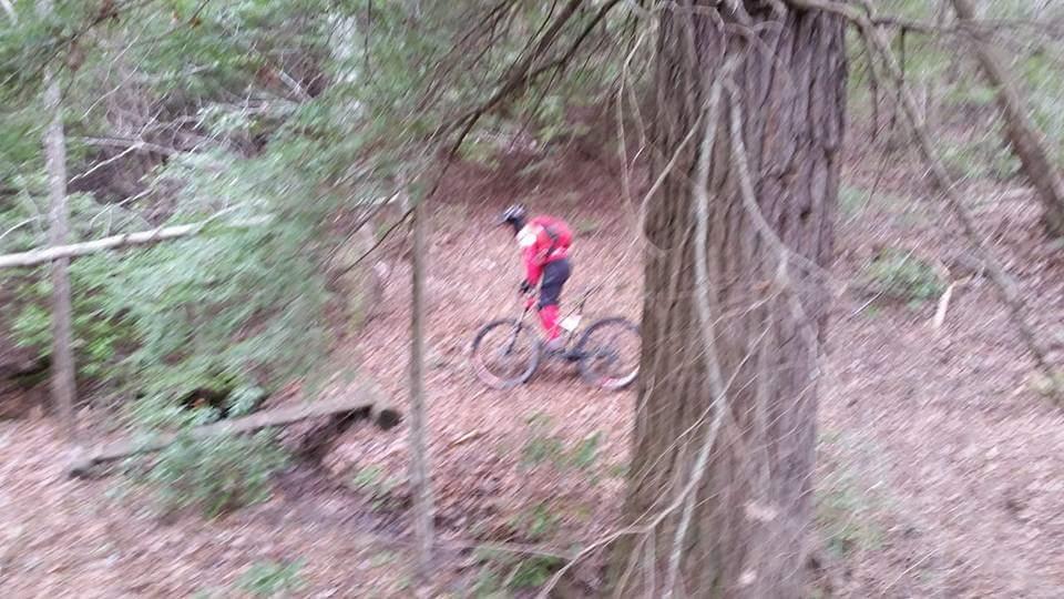 A cyclist in a red outfit is riding a mountain bike through a wooded area with trees and brown foliage. The scene captures the natural greenery around and the rugged terrain of the trail. Big South Fork mountain bike trail.