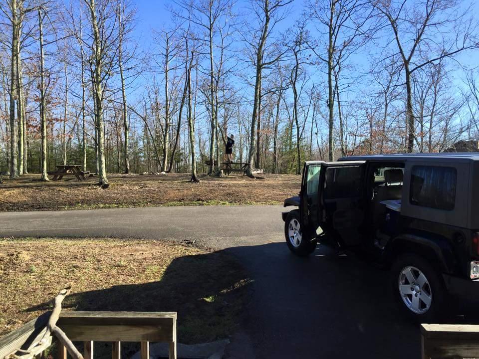A Jeep with an open door parked on a road, with a forest of bare trees in the background. A person is seen standing near a picnic table in the distance. The setting is sunny, indicating a clear blue sky. Big South Fork mountain bike trail.
