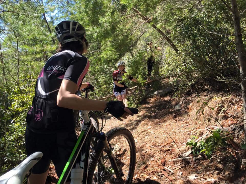 Two cyclists are navigating a narrow, wooded trail. One cyclist, wearing a black jersey with pink accents, is standing with a bike, while the other, dressed in a red and white jersey, appears to be climbing or reaching out for assistance. The surrounding area is lush with greenery, uneven terrain, and pine needles on the ground, indicating a challenge in the path. Big South Fork mountain bike trail.