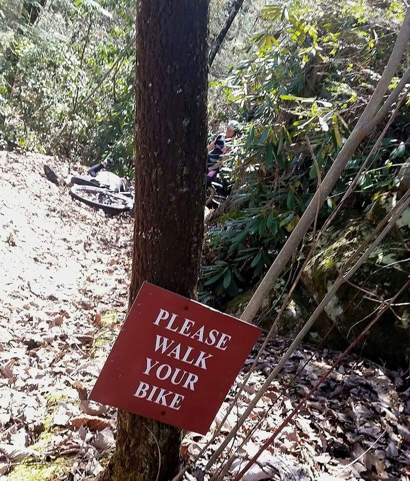 A sign attached to a tree in a wooded area, reading "PLEASE WALK YOUR BIKE." In the background, there are hints of foliage and a partially obscured bike on the ground. The setting is natural, with fallen leaves and greenery surrounding the sign. Big South Fork mountain bike trail.
