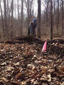 A person wearing a blue beanie and plaid shirt is standing in a wooded area, focused on a fallen log surrounded by autumn leaves. In the foreground, a pink marker is visible, indicating a specific spot in the natural setting. Hueston Woods State Park mountain bike trail.