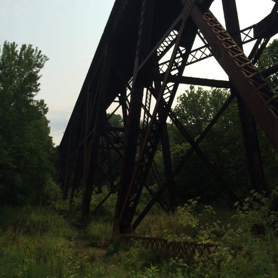A rusty, elevated railway bridge stands tall above dense green vegetation, surrounded by trees. The structure features notable steel beams and supports, showcasing an industrial design amidst a natural landscape. The sky above is slightly overcast, adding a subdued atmosphere to the scene. Devou Park mountain bike trail.
