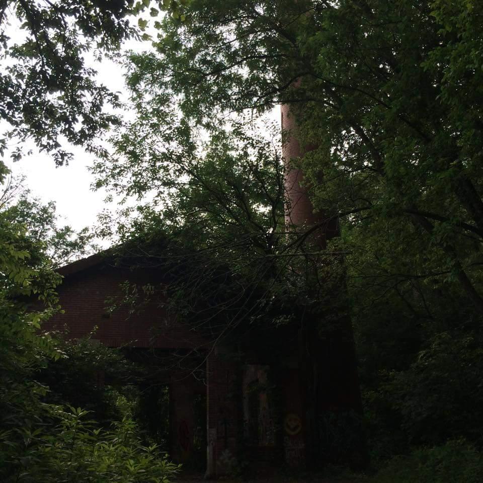 An abandoned brick structure surrounded by dense greenery and trees, featuring a tall chimney partially obscured by foliage. The scene is slightly overcast, creating a moody atmosphere. Devou Park mountain bike trail.