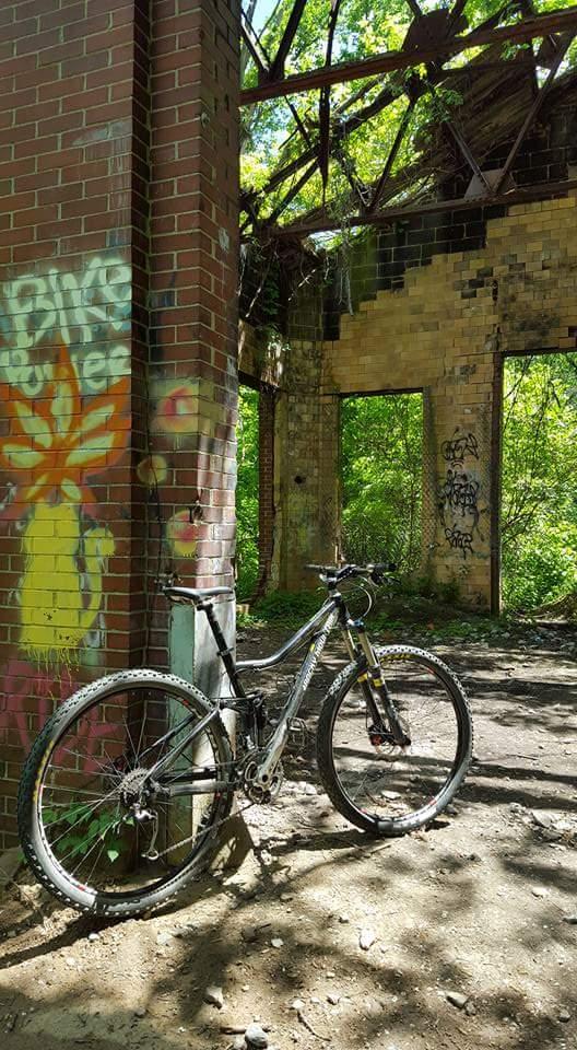 A black mountain bike leaning against a brick wall covered in colorful graffiti, inside a dilapidated building with exposed brick and a partially collapsed roof. Lush greenery is visible through the openings, showcasing nature reclaiming the space. Devou Park mountain bike trail.