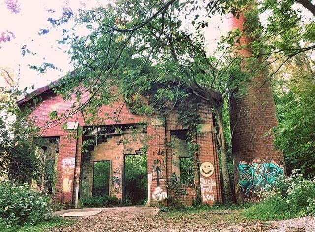 An overgrown, abandoned brick building partially hidden by trees, featuring large openings and covered in colorful graffiti. A tall, deteriorating chimney stands beside the structure, with wildflowers and foliage surrounding the area. The scene conveys a sense of neglect and the passage of time. Devou Park mountain bike trail.