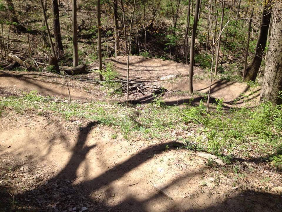 A dirt path winding through a forested area, with small hills and shaded patches created by tree shadows. Green foliage and scattered leaves are visible on the ground, indicating a natural outdoor setting. Devou Park mountain bike trail.