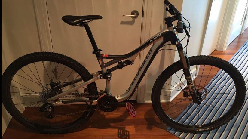 Specialized FSR Expert 29er: A mountain bike with a sleek design, featuring a silver and black frame, wide tires, and a visibly sturdy suspension. It is positioned indoors next to a door, with a striped rug beneath it. The bike has a prominent gear system and a pink pedal, showcasing its readiness for rugged terrain.