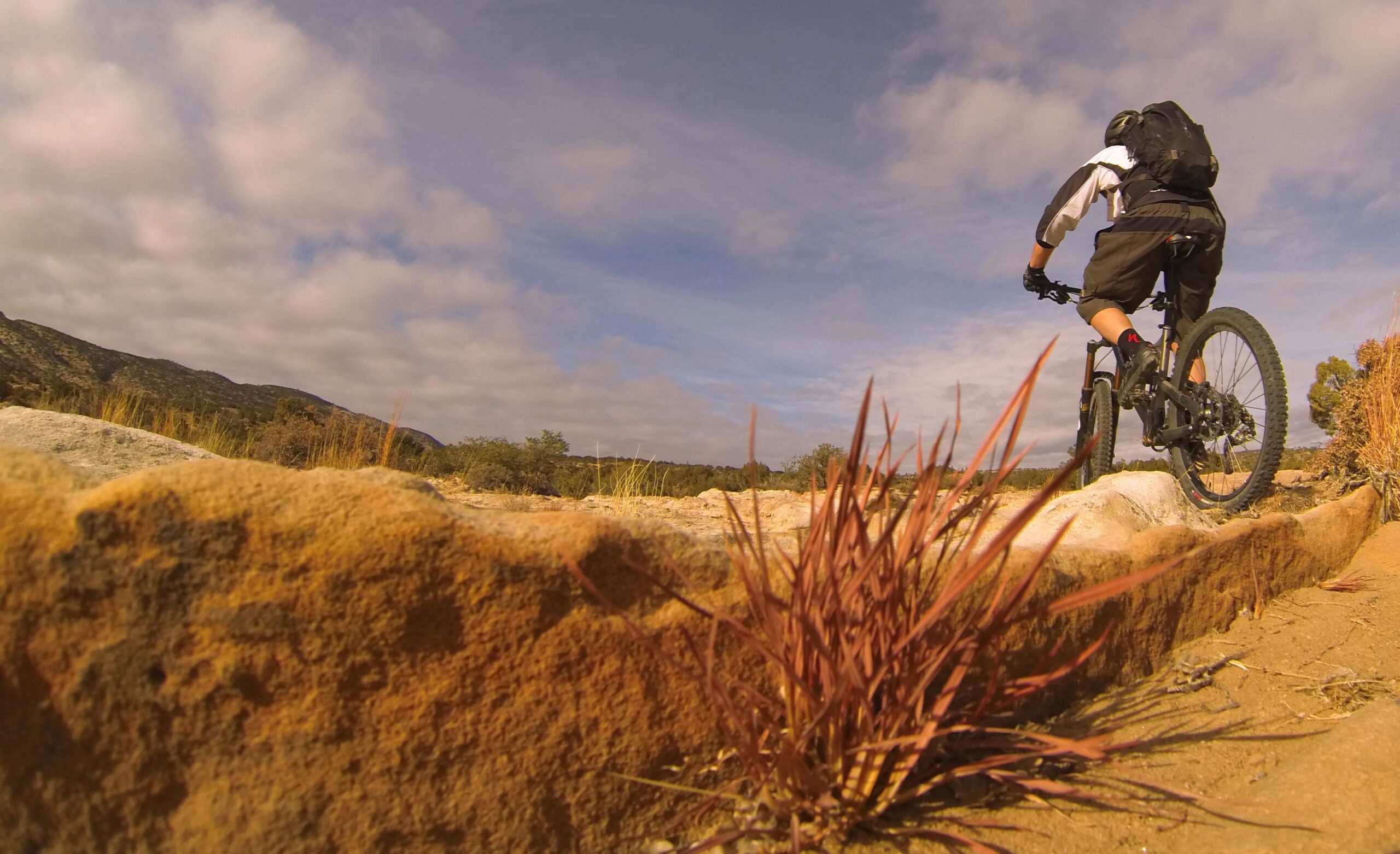 A mountain biker riding on a rocky trail with a background of hills, under a partly cloudy sky. In the foreground, reddish grass and a large stone are visible, adding to the outdoor scenery. Bell Rock Area Trails mountain bike trail.