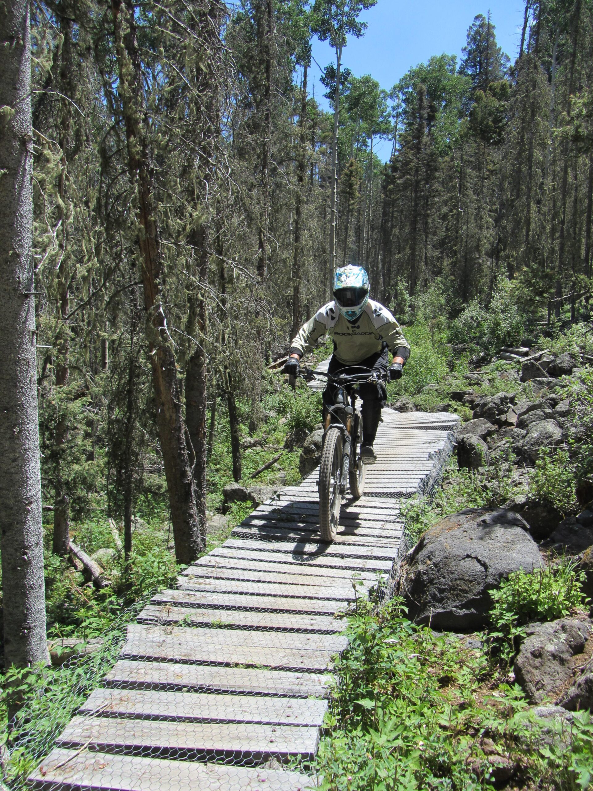 A mountain biker navigating a wooden boardwalk trail surrounded by tall trees and greenery in a forested area. The biker is wearing a helmet and protective gear, focused on maintaining balance while riding over the rustic path. Angel Fire Bike Park mountain bike trail.