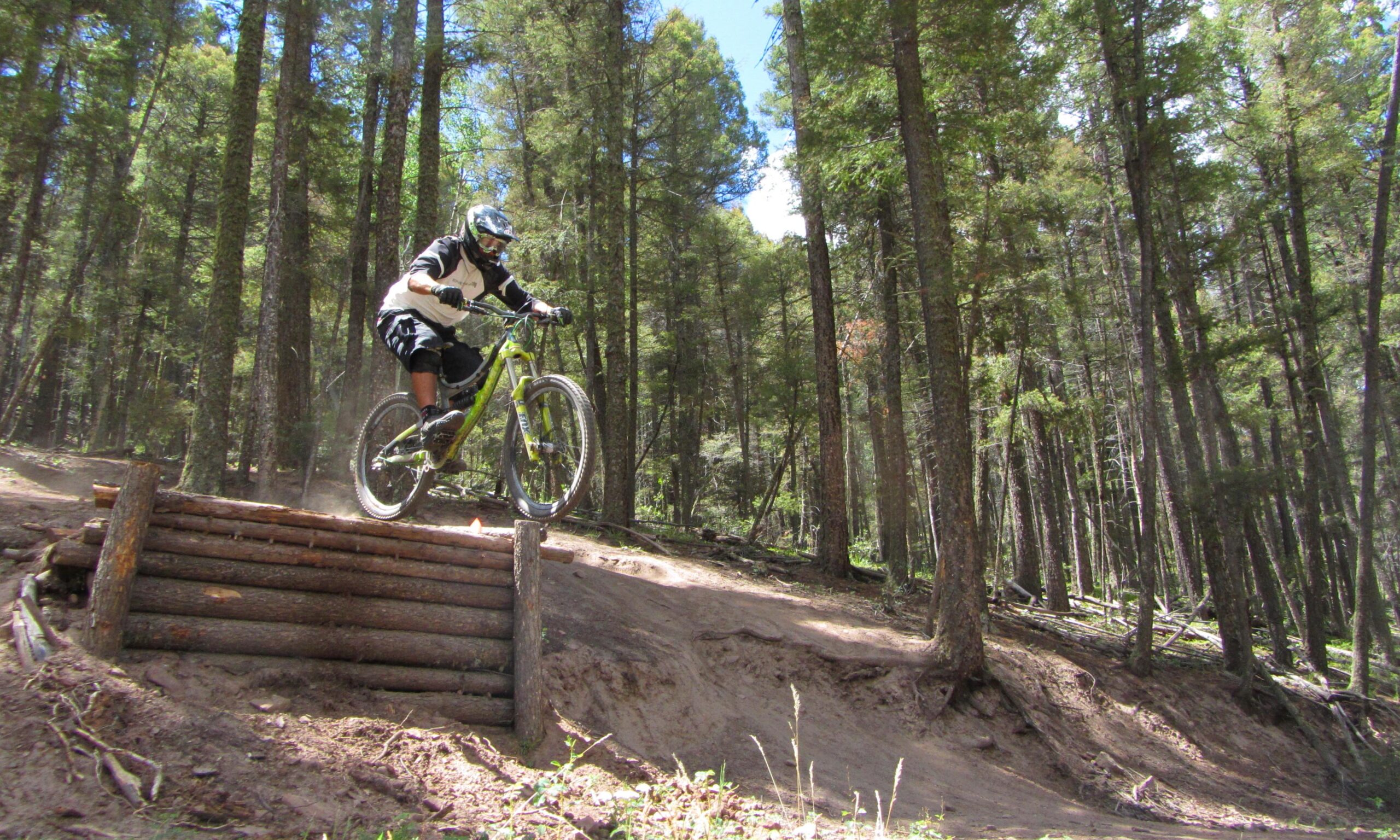 A person riding a mountain bike is mid-air as they jump over a log ramp on a dirt trail surrounded by tall trees. Angel Fire Bike Park mountain bike trail.