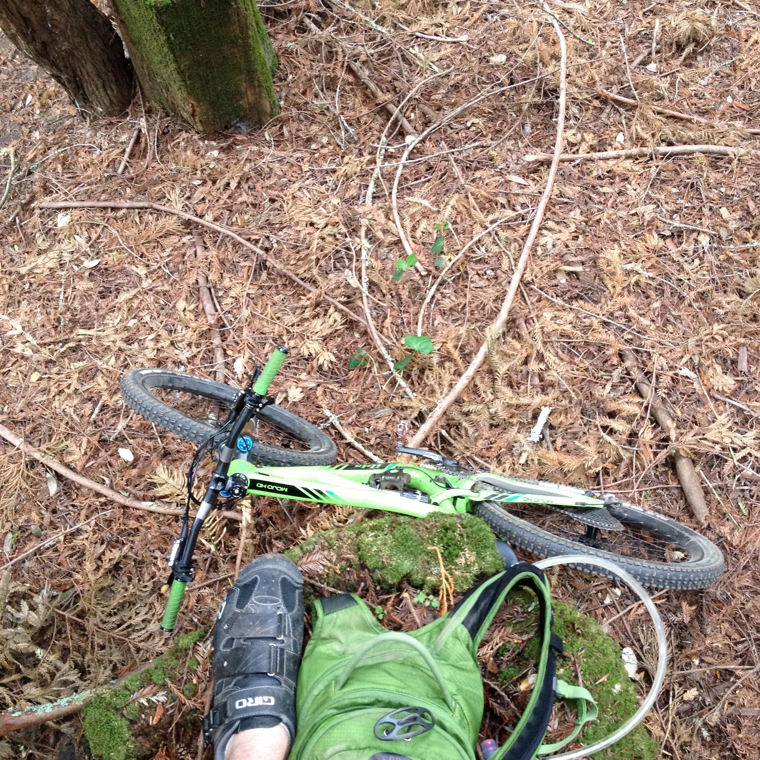 An overhead view of a mountain bike resting on the forest floor, surrounded by pine needles and fallen branches. A foot wearing a cycling shoe is visible in the foreground, along with a green backpack next to it. Trees and underbrush create a natural backdrop. Wilder Ranch State Park mountain bike trail.
