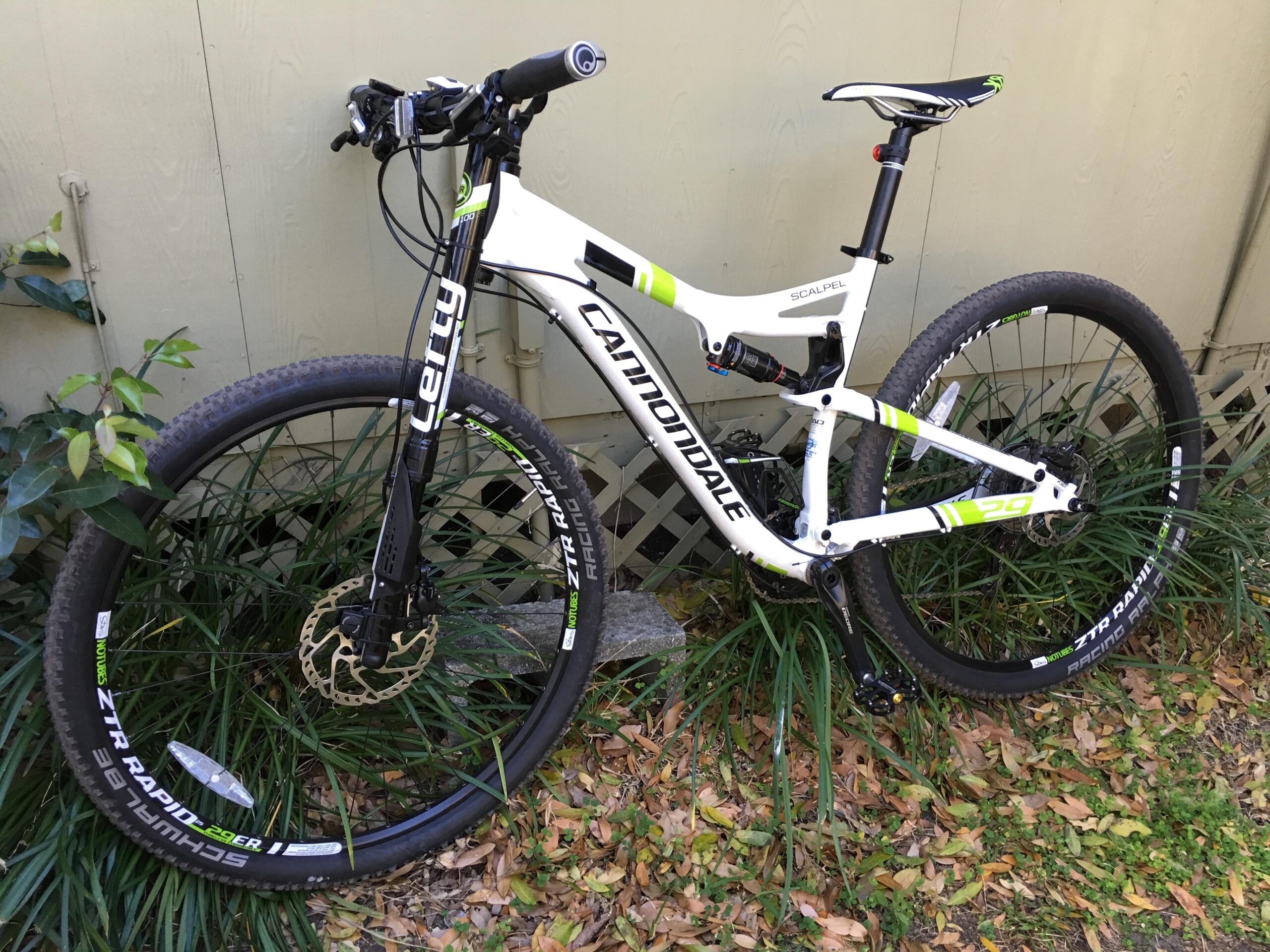 Cannondale Scalpel 29er 3: A Cannondale Scalpel mountain bike leaning against a wall, featuring a white frame with green accents. The bike has wide tires with visible branding, a front suspension fork, and is partially surrounded by grass and fallen leaves.