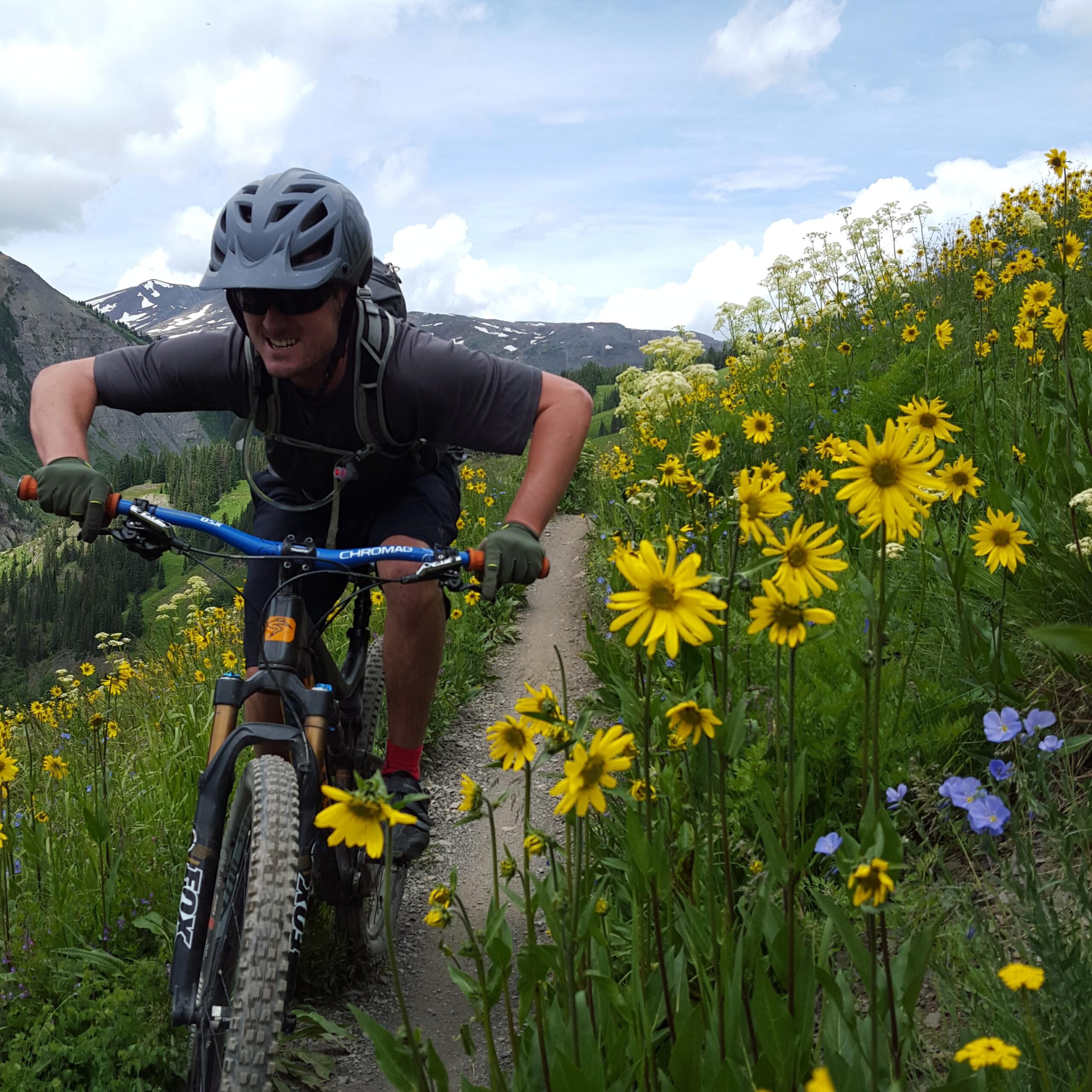 A person riding a mountain bike along a narrow dirt trail, surrounded by vibrant yellow wildflowers and greenery. In the background, rolling hills and distant mountains are visible under a partly cloudy sky. The rider is wearing a helmet and gloves, appearing focused and energetic as they navigate the trail. Trail 401 mountain bike trail.