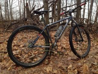 Mountain bike resting on a bed of fallen leaves in a wooded area, with trees in the background and a hint of overcast sky. Sheltowee Trace - Laurel Lake Trail mountain bike trail.