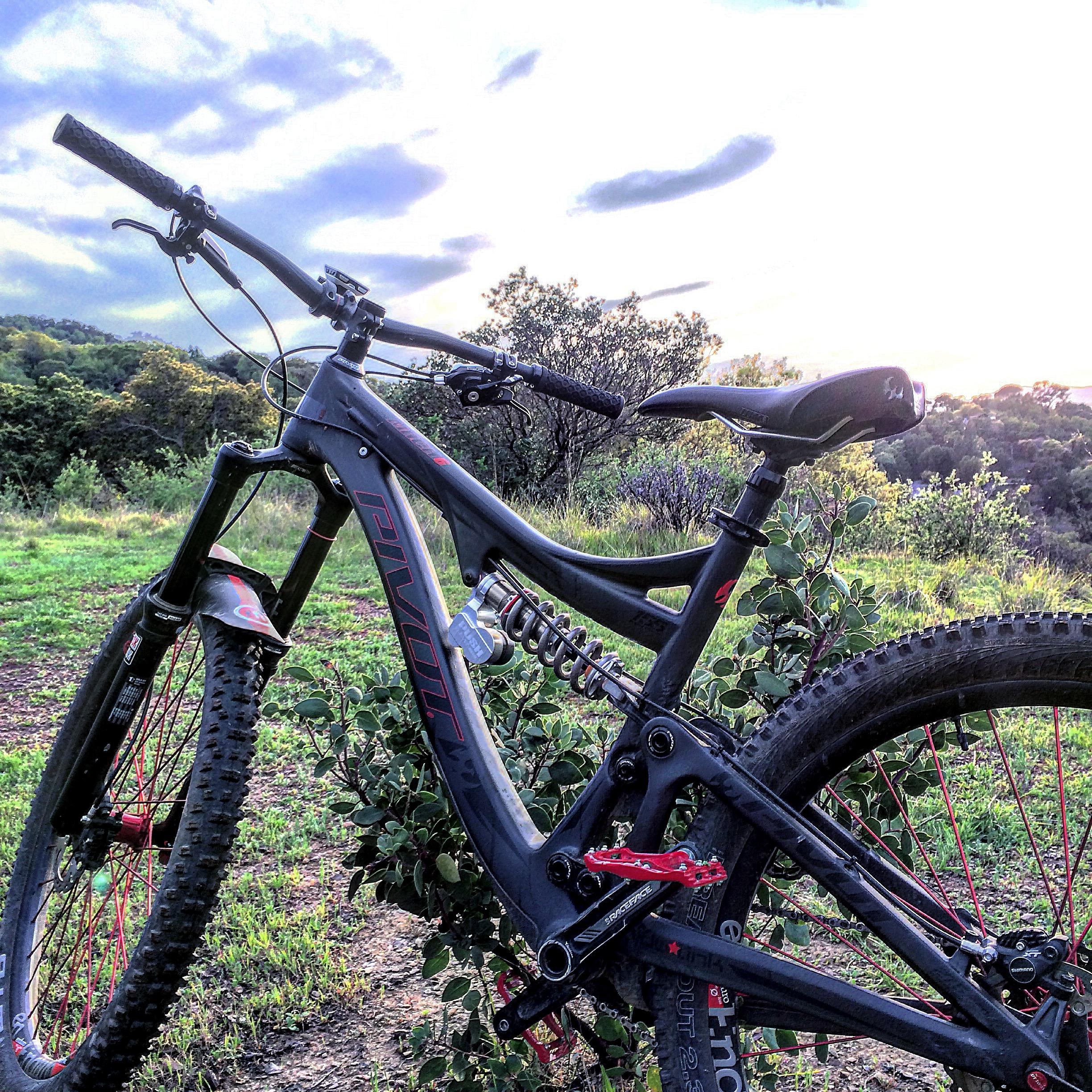 A close-up view of a black mountain bike with red accents, parked on grassy terrain. The bike features front suspension, a sleek frame design, and a modern saddle. In the background, there are trees and a cloudy sky, suggesting a natural outdoor setting. China Camp mountain bike trail.