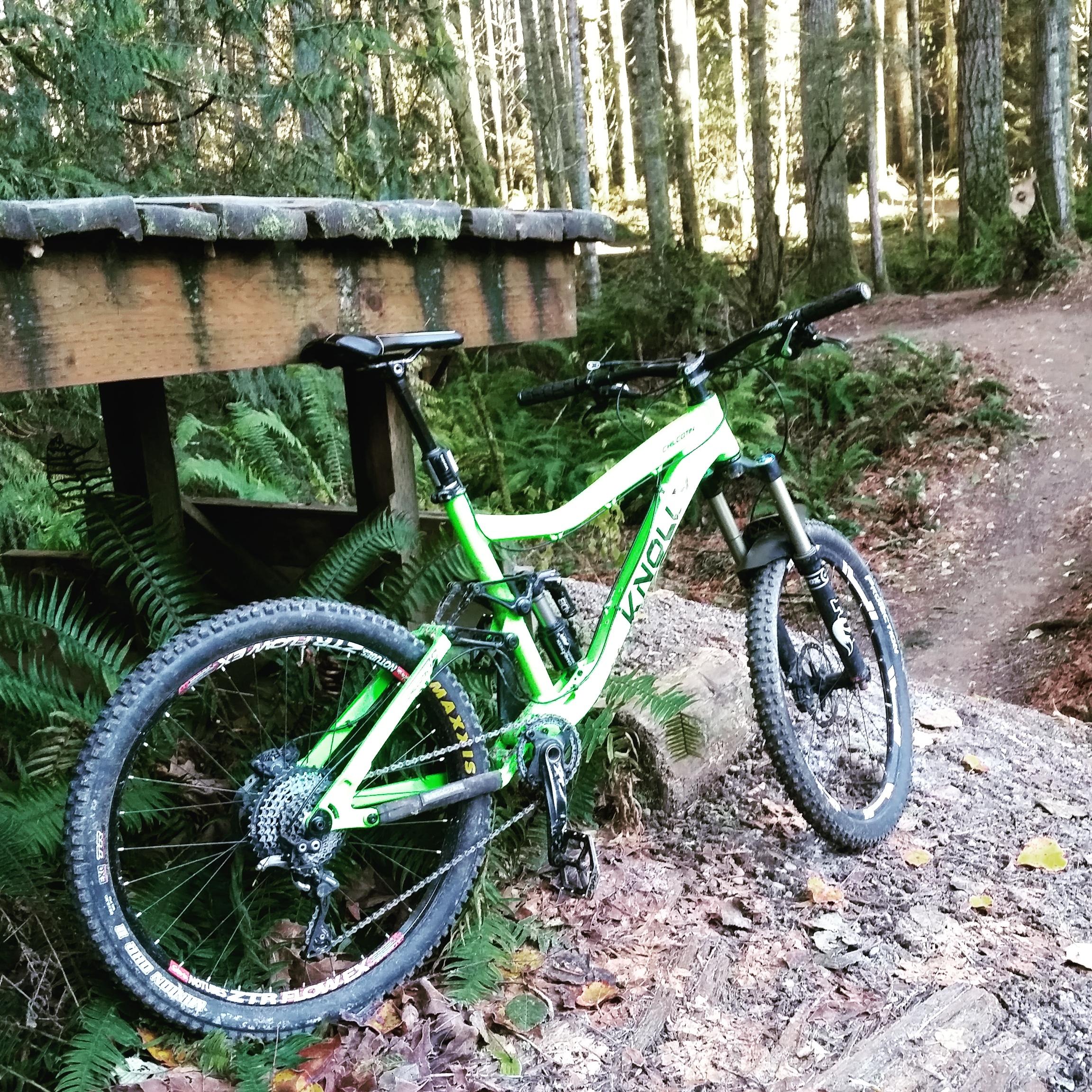 Knolly Chilcotin: A bright green mountain bike leaning against a wooden shelter in a forested area, surrounded by ferns and tall trees. A dirt path winds through the background, indicating a trail for biking or hiking.