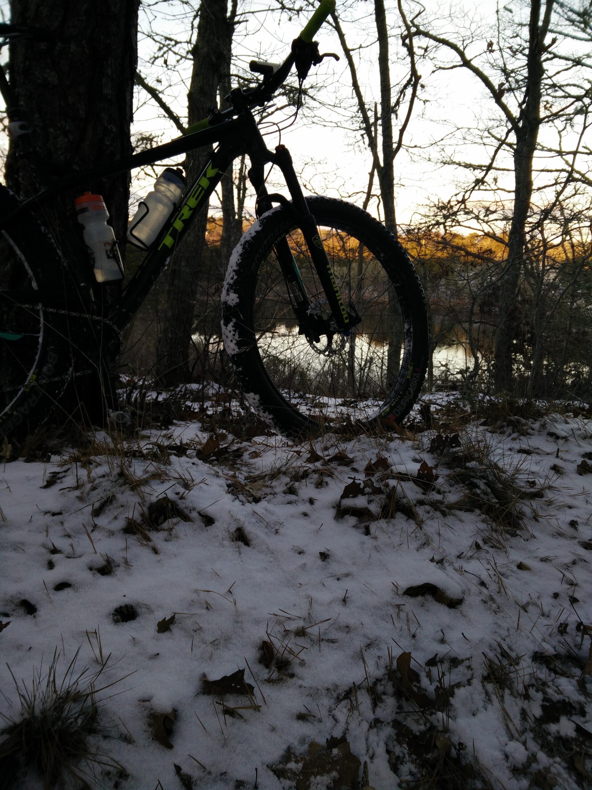 Trek Stache 9 29 Plus: A mountain bike leaning against a tree in a snowy landscape, with patches of grass and fallen leaves visible on the ground. The background features a lake reflecting the sunset, and the scene is framed by bare trees. Two water bottles are attached to the bike.