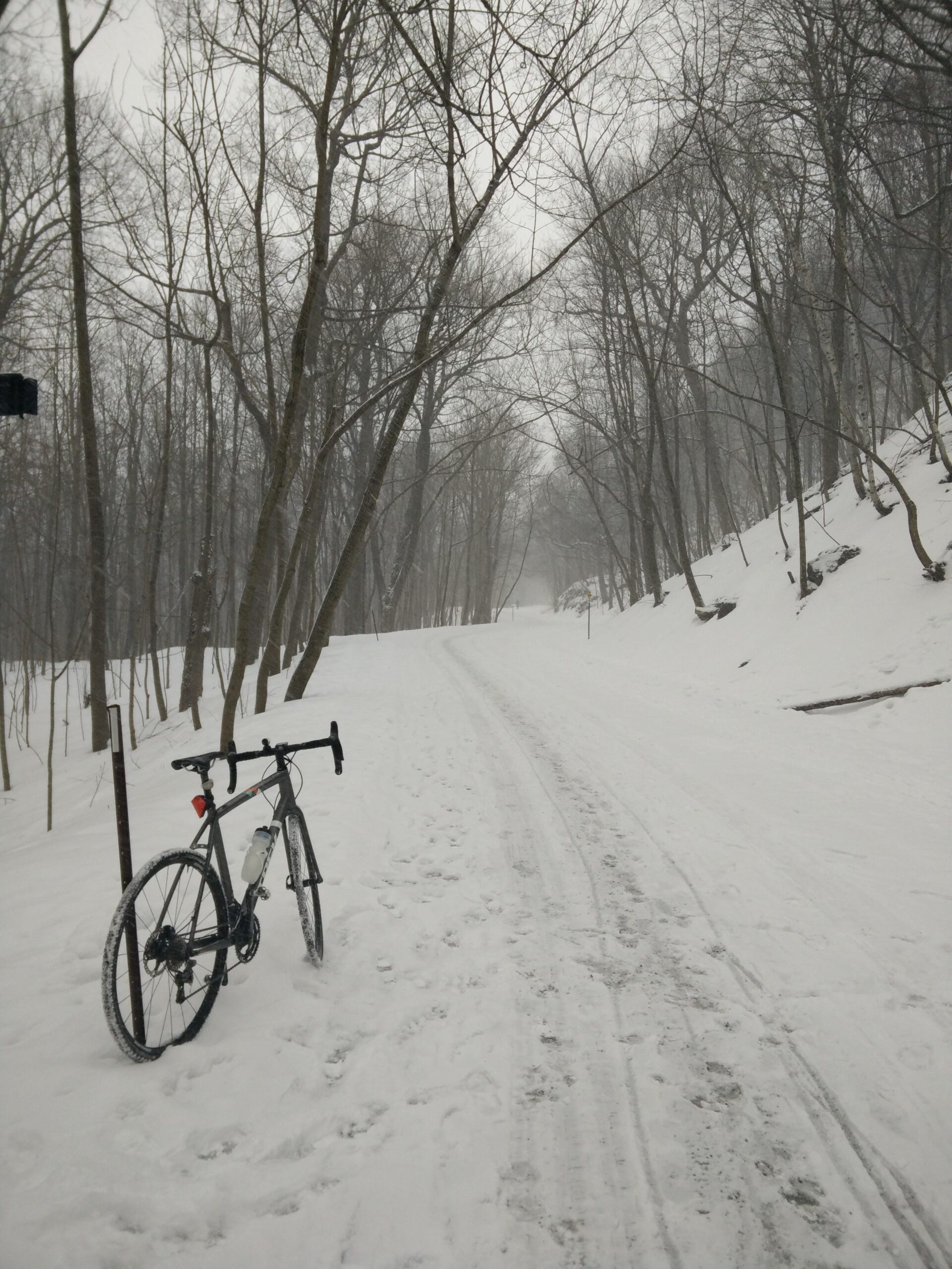 A bicycle leaning against a sign on a snowy path surrounded by bare trees, with a light snowfall creating a serene, wintry atmosphere. The path, partially cleared, leads into the distance, suggesting a quiet outdoor setting. Parc du Mont-Royal mountain bike trail.